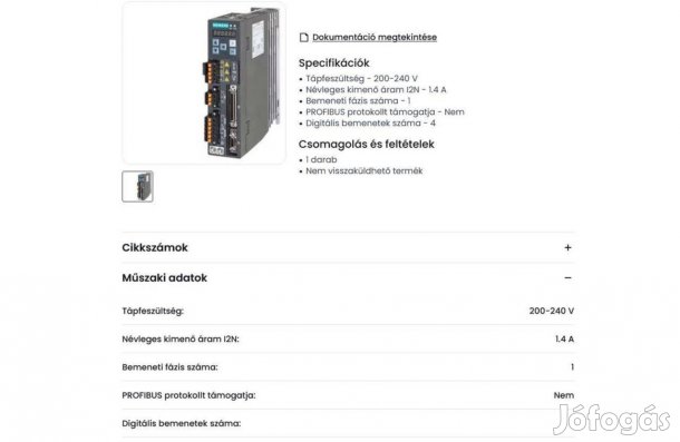 Új frekvenciaváltó Siemens - Sinamics V90, 6SL3210-5FB10-2UF2 230 V1,4