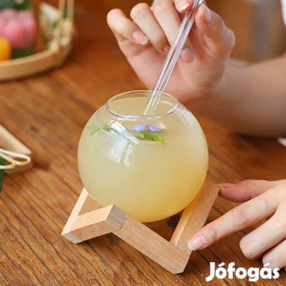 Új gömb koktélos pohár + fa állvány + üveg szívószál