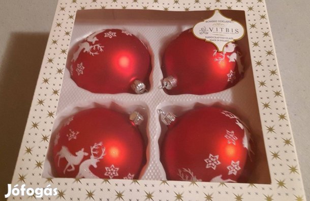 Új karácsonyfadísz 4 piros Vitbis üveggömb eladó, 10 cm