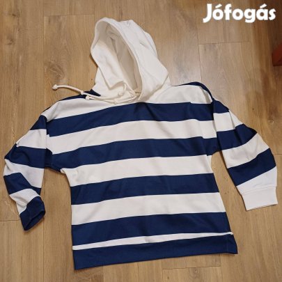 Új kék-fehér csíkos, kapucnis női pulóver ( 40)