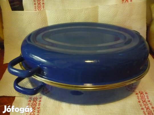 Új kék színű zománcozott nagyméretű szárnyas sütőtál tetővel