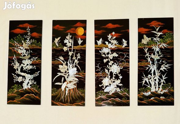 Új keleti ázsiai gyöngyház berakásos lakkozott falikép, paraván 78x49