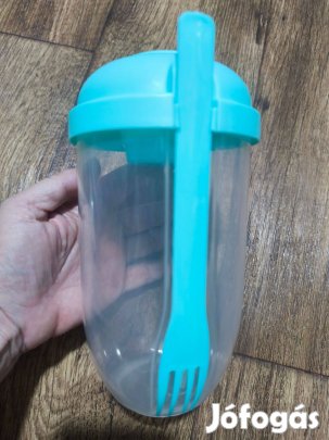 Új műanyag reggeli saláta tároló ételhordó + villa + szószos tálka