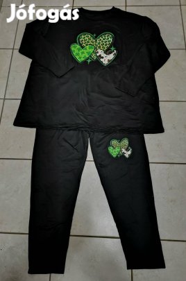 Új női pizsama szett 3XL fekete, vidám zöld szíves mintákkal
