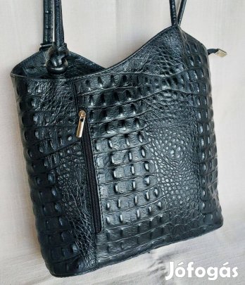 Új olasz krokodil mintás, fekete bőr női váll/ háti táska