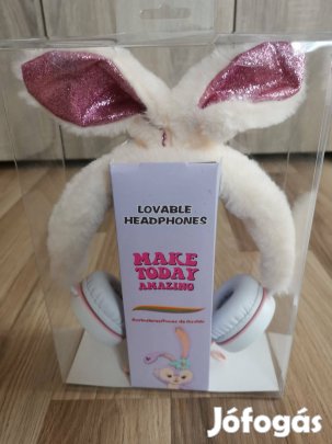 Új plüss nyuszifüles gyerek fejhallgató fehér/rózsaszín