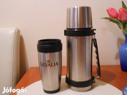 Új rozsdamentes acél duplafalú termosz + utazó kávésbögre + lapos flas
