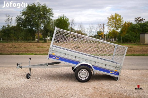 Új utánfutó (2.5x1.35m) rácsos magasítóval akciósan bruttó 658.000 Ft
