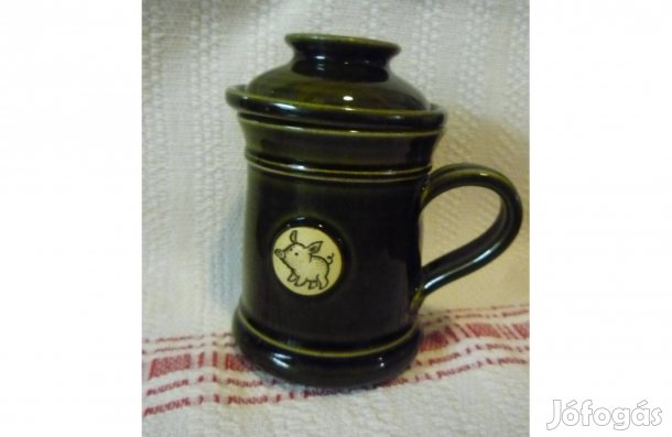 Újszerű Máté Géza méregzöld malackás bögre szűrővel,tetővel