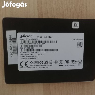 Újszerű, 512 GB 2.5" SSD Micron 1100 Mtfddak512TBN
