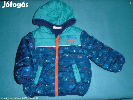 Újszerű autó mintás kapucnis polár béléses kabát 9-12 hó (méret 80)