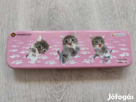 Újszerű cicás fém tolltartó, doboz, tároló