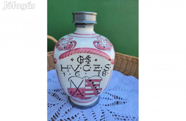 Ulmer Keramik dekoratív italos palack ón kupakkal és ón alappal