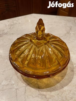 Üveg bonbonier borostyán színű fedeles vitrin állapotban