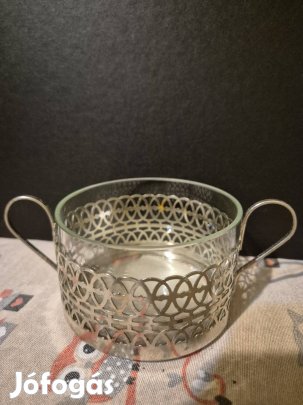 Üveg cukortartó fém kosárban - vintage