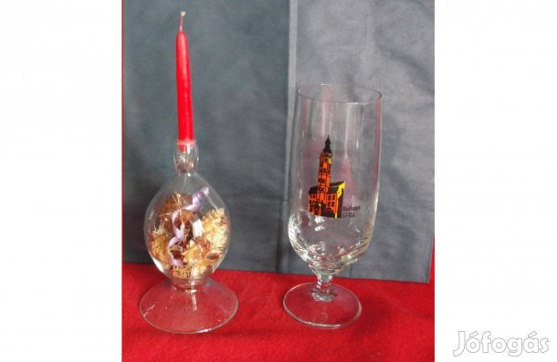 Üveg gyertyatartó és talpas pohár Rathaus Gera felirattal darabár