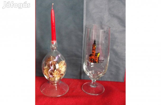 Üveg gyertyatartó és talpas pohár Rathaus Gera felirattal darabár_