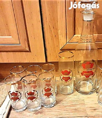 Üveg italos készlet, Pécsi Bőrgyári emblémával, gyűjtőknek is!