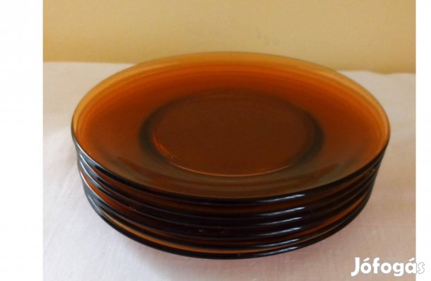 Üveg süteményes, desszertes tányér, borostyánszínű, Vereco, 6 db