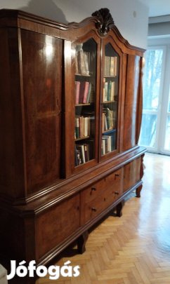 Üveges antik könyvszekrény, vitrinszekrény