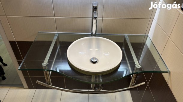 Üveglapos mosdó kompletten csappal lefolyóval együtt