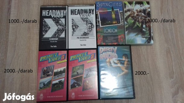 VHS kazetták(Headway, Project English, Dirty dancing, London, Ragadozó