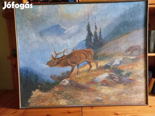 V. Gábor: Szarvasbika az erdőszélen Klasszikus olajfestmény keretben