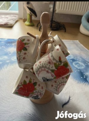 Vadonatúj bögrés szett 6 db + fa állvány 