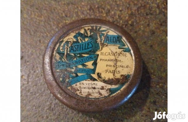 Valda Pastilles régi gyógyszeres kisméretű fémdoboz, H. Canonne főgyóg