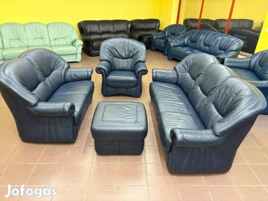 Valódi bőr ülőgarnitúra 3+2+1+puff, újszerű állapotban, s. kék színben