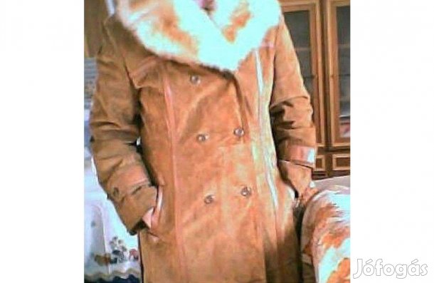 Valódi hasított bőr női vintage irhakabát szőrmegallérral