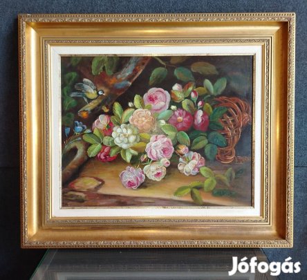 Varga Zoltán virágcsendélet festmény 40x50 cm kerettel: 56x66 cm