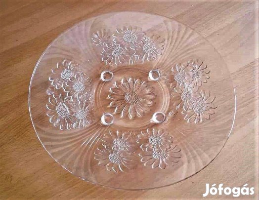 Vastag, nagyméretű üveg kínáló tál 4 lábbal, virág motívumokkal