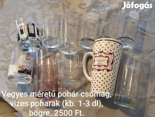 Vegyes méretű pohár csomag vizes poharak, bögre 300/db vagy egyben 250
