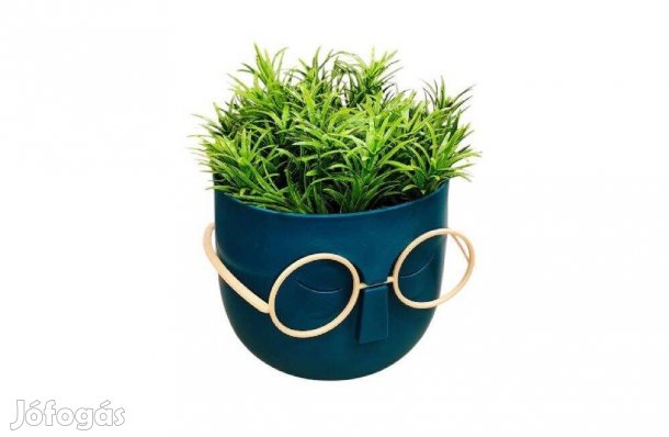 Vicces szemüveges művirág kék kaspóban 11x11x14 cm, egyedi dekoráció