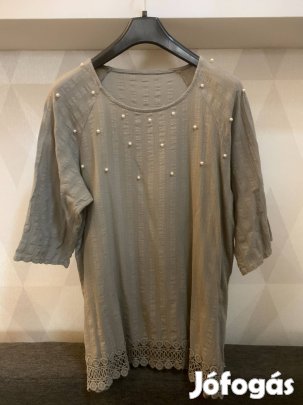 Világos khaki, gyöngy díszes, csipkés, gyűrt anyagú blúz, tunika 46-os