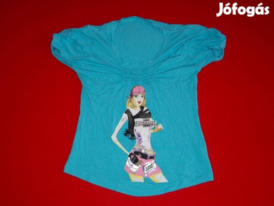Világoskék, plázacica figurás póló 122-128-as, 7-8 évesre