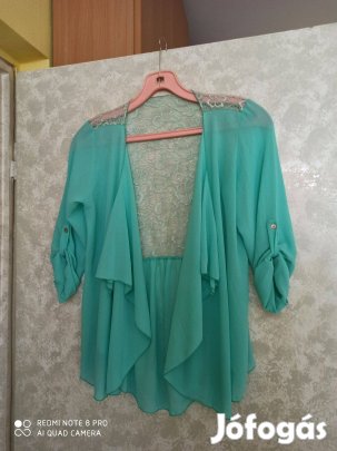 Világoszöld csipkés hátú muszlin vékony nyitott blézer L-es