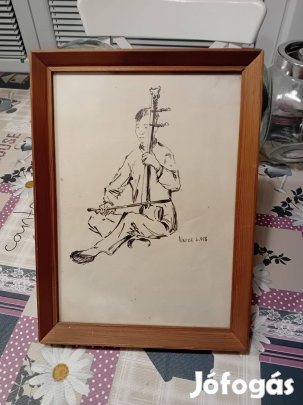 Vincze Lajos: Erhu-n játszó fiú 1958 - grafika, eredeti, szignózott