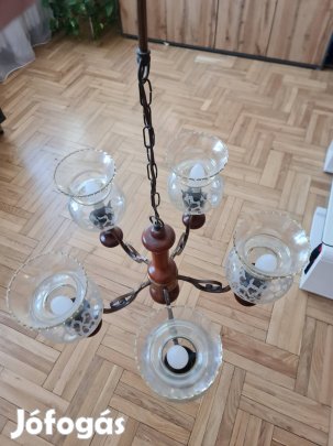 Vintage 5 karú rusztikus csillár - fa és maratott üveg
