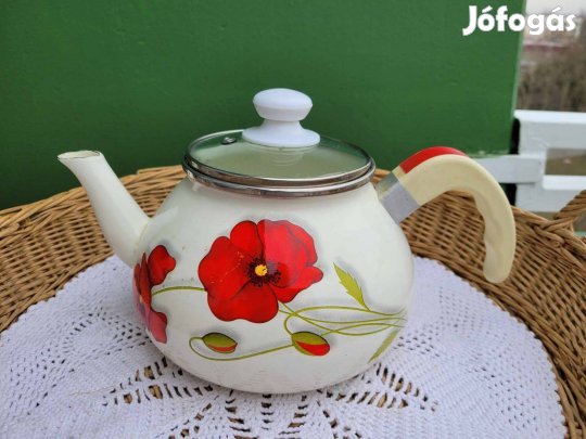 Vintage Enamel zománcos, pipacs mintás teáskanna
