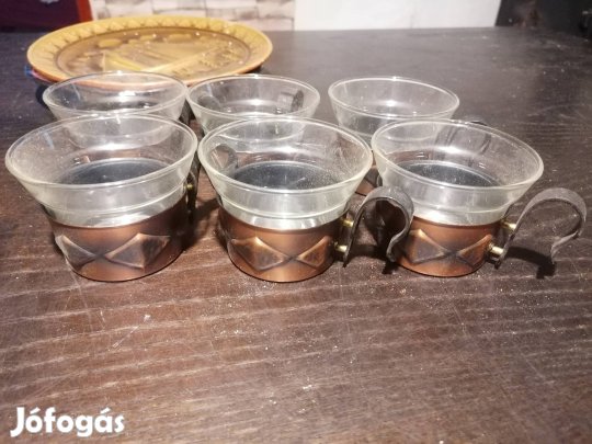 Vintage Schott Mainz Jena Glass pohárkészlet fém tartóval, 6 db