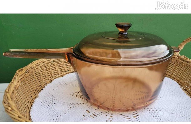 Vintage Vision Corning France hőálló nyeles üvegedény fedővel 2,5 L