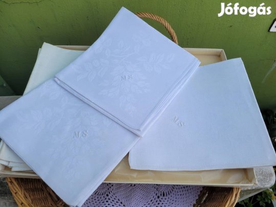 Vintage, MS monogramos damaszt asztali szalvéták 3 db