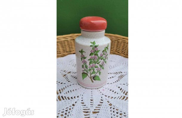 Vintage, gyógynövény mintás, repesztett mázas fajansz fürdősó tartó