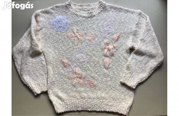 Vintage, halvány barack színű, kötött buklé pulcsi, virág mintás. L-es