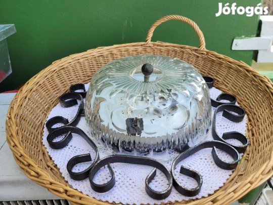 Vintage, kovácsoltvas, üvegbúrás mennyezeti lámpa
