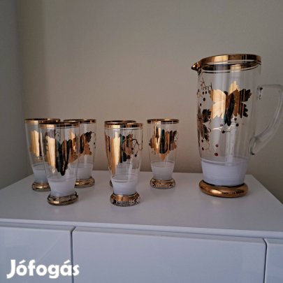 Vintage aranyozott üvegkészlet kancsó és 6 pohár