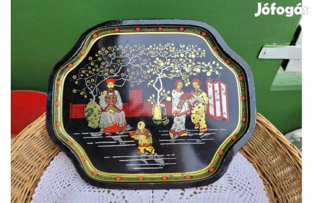 Vintage bádogtálca, Japán cseresznyevirágzás - jelenetes