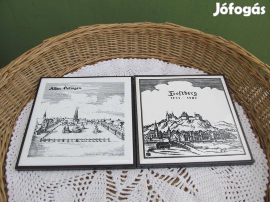 Vintage díszcsempe pár vártorony jelenettel